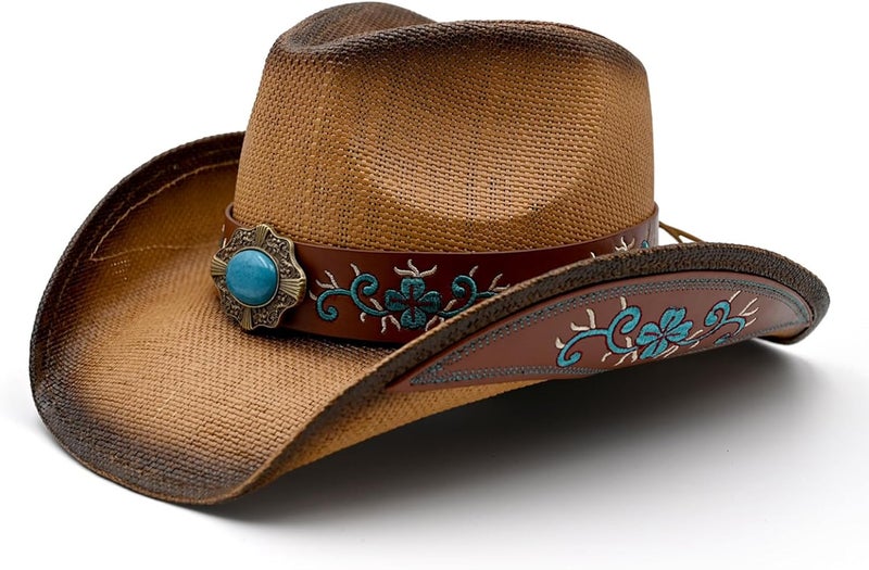 Foeran Men's Women's Straw Cowboy Hat Cowgirl Woven Sun Hat Western Cowboy Hat Two Decorative Bands - Image 1